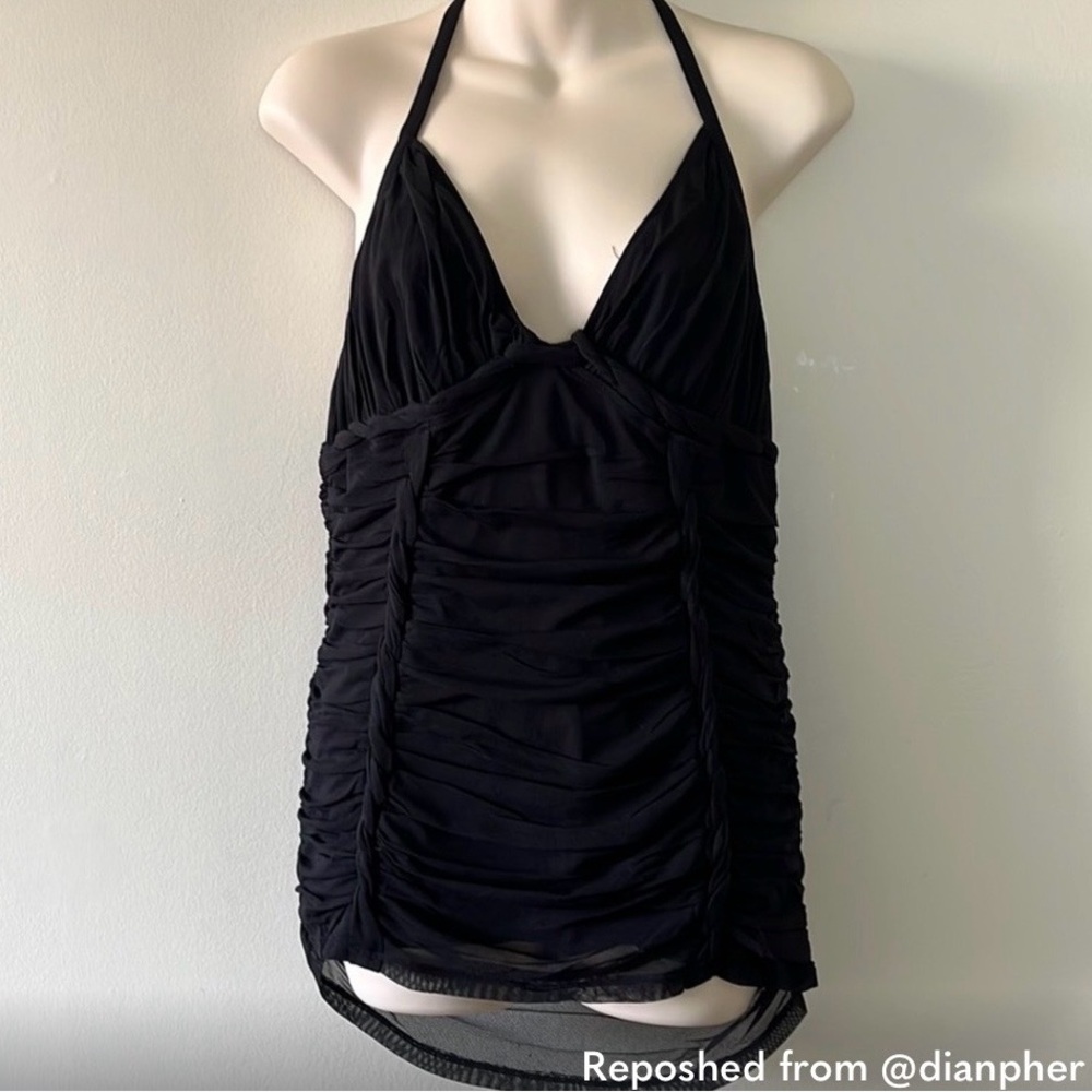 Moda International Black Mesh Halter Top Backless Sexy Flattering Ruched Bodycon